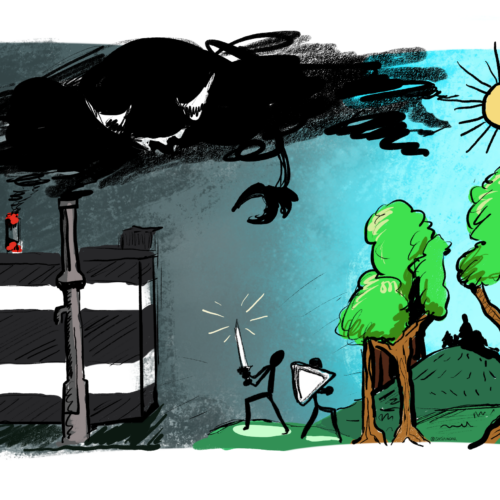 õlitehase illustratsioon, õöitehasest tuleb tossu, millega pildil olevad tegelased võitlevad, teiselpool neid on päike ja rohelised puud